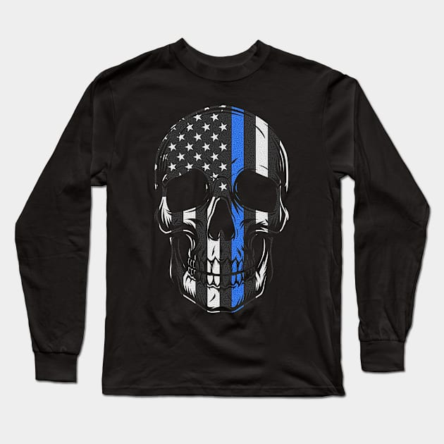 Police Thin Blue Line Flag Skull Long Sleeve T-Shirt by Zone32